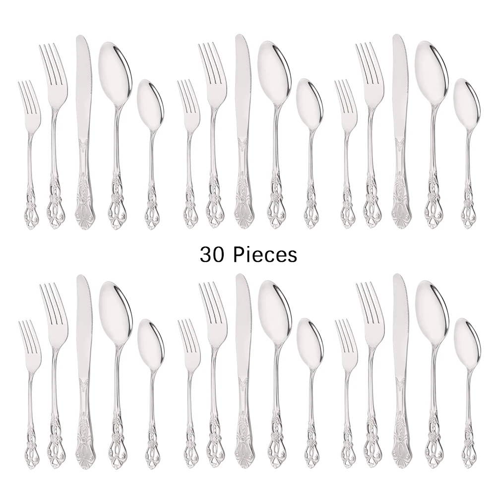 30Pcs Silver Royal Dinnerware Set Knife Dessert Fork Spoon Flatware Stainless Steel Cutlery Kitchen Silverware Tableware Set