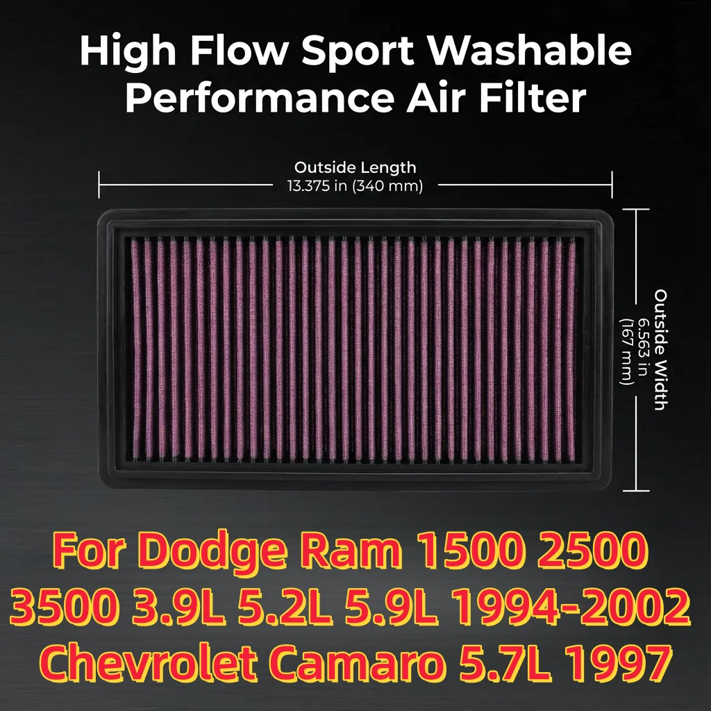For Dodge Ram 1500 2500 3500 3.9L 5.2L 5.9L 1994-2002 Chevrolet Camaro 5.7L 1997 High Flow Sport Washable Performance Air Filter