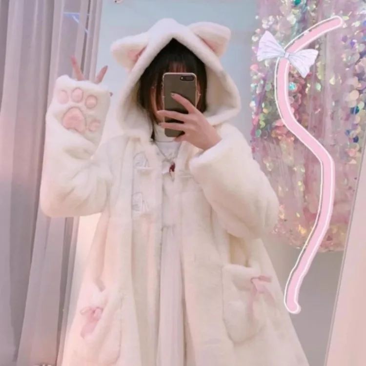 Harajuku Thicked Warm Lolita Jackets Autumn New Cat Ears Hoodie Tops Women Y2k E-Girl Long Sleeve Fluffy Coats Mujer