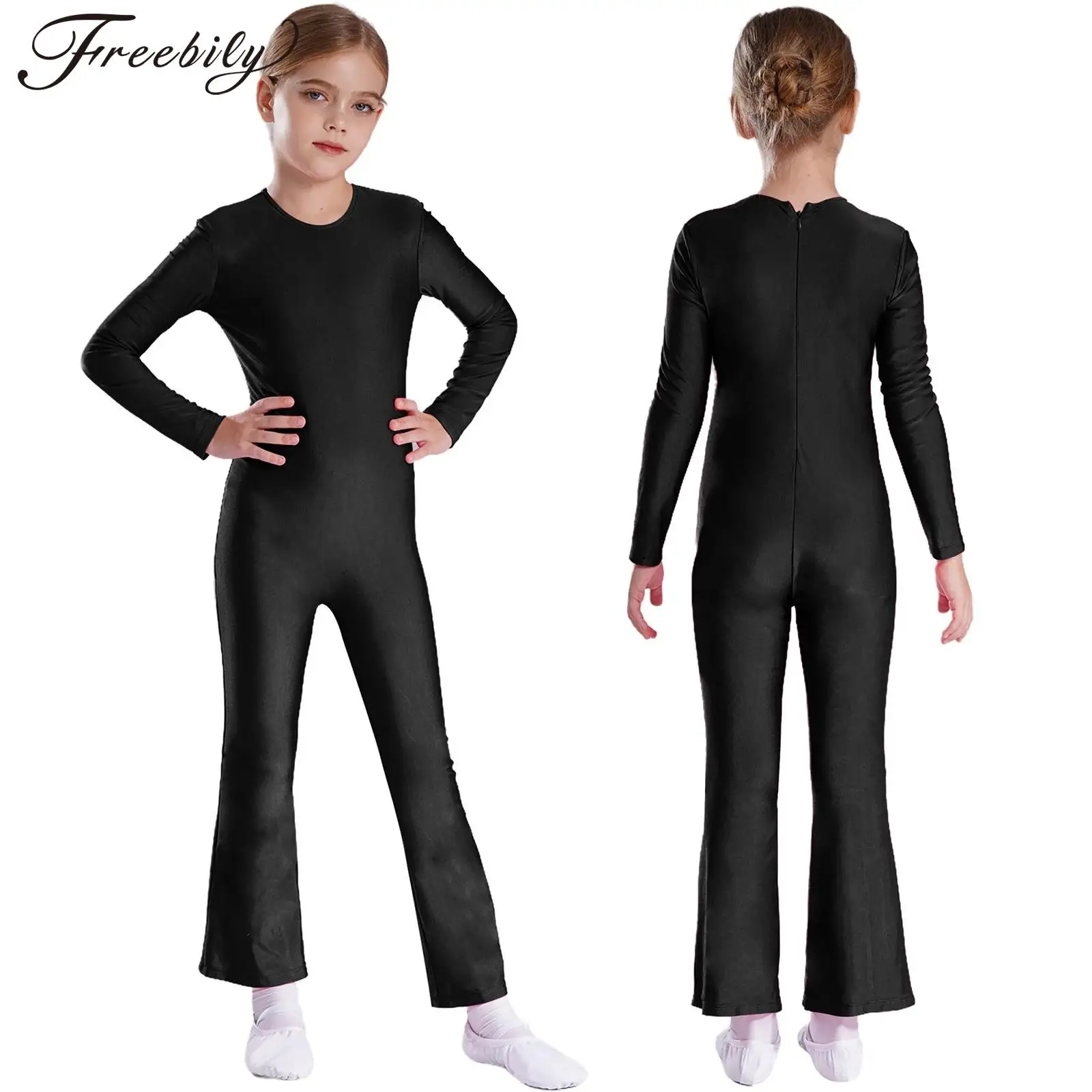 Girls Ballet Dance Leotard Gymnastics Yoga Acrobatics Skating Dancing Class Jumpsuit Long Sleeve Solid Bell-Bottom Bodysuit