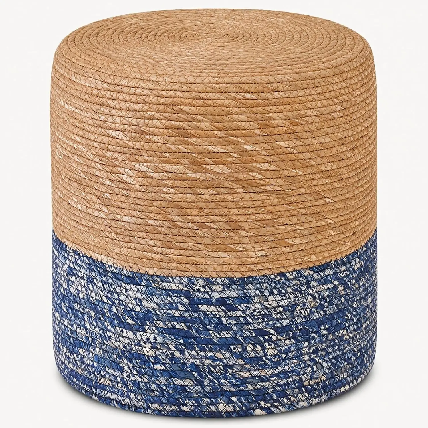 Natural Seagrass Foot Stool, Hand Weaving Round Ottoman, for Living Room, Outdoor Seat (Natural & Blue)