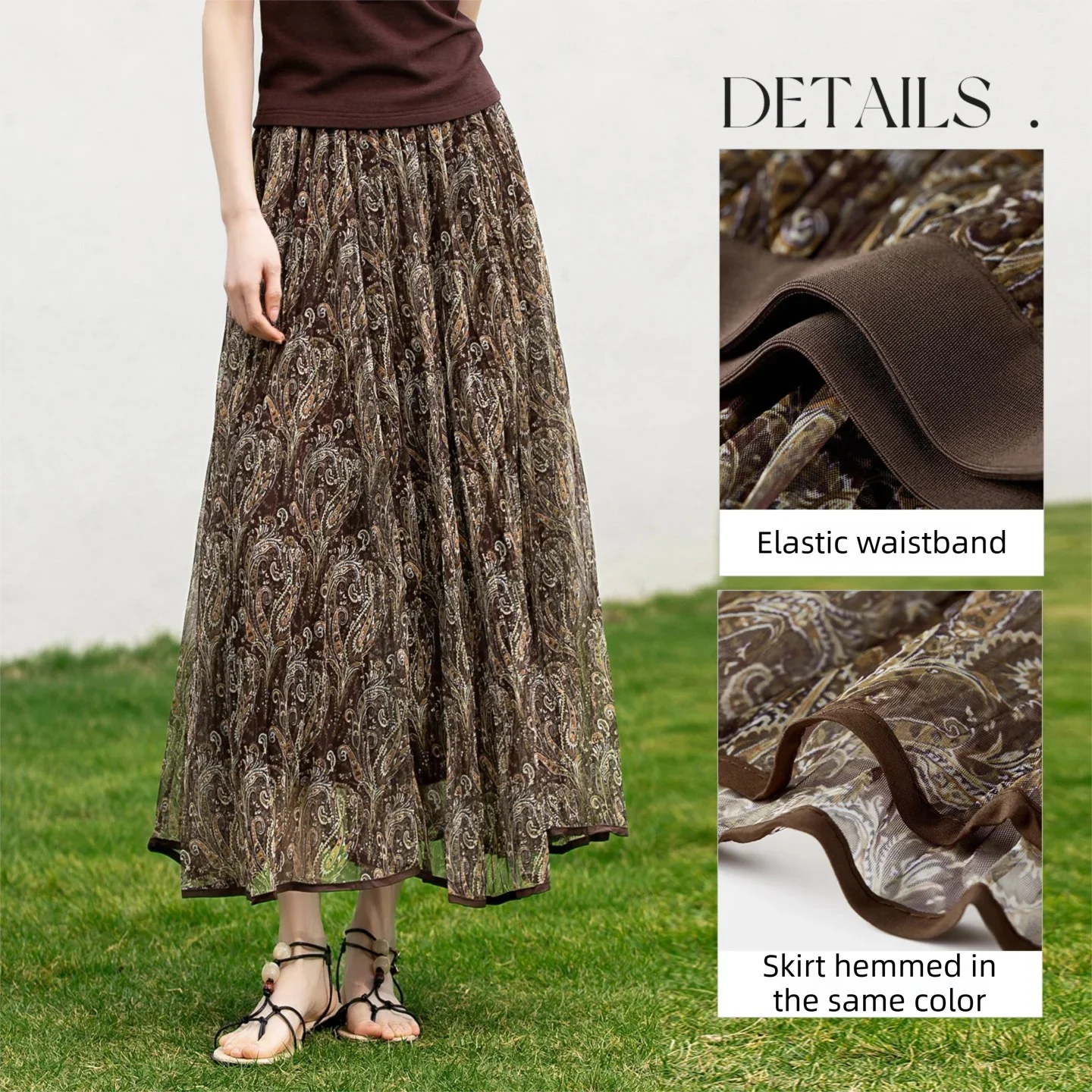 SENTUBILA Retro Long Skirt for Women 2026 High Waist Paisley Print Mesh A Line Skirt Vacation Casual Spring Clothing W61QL4968