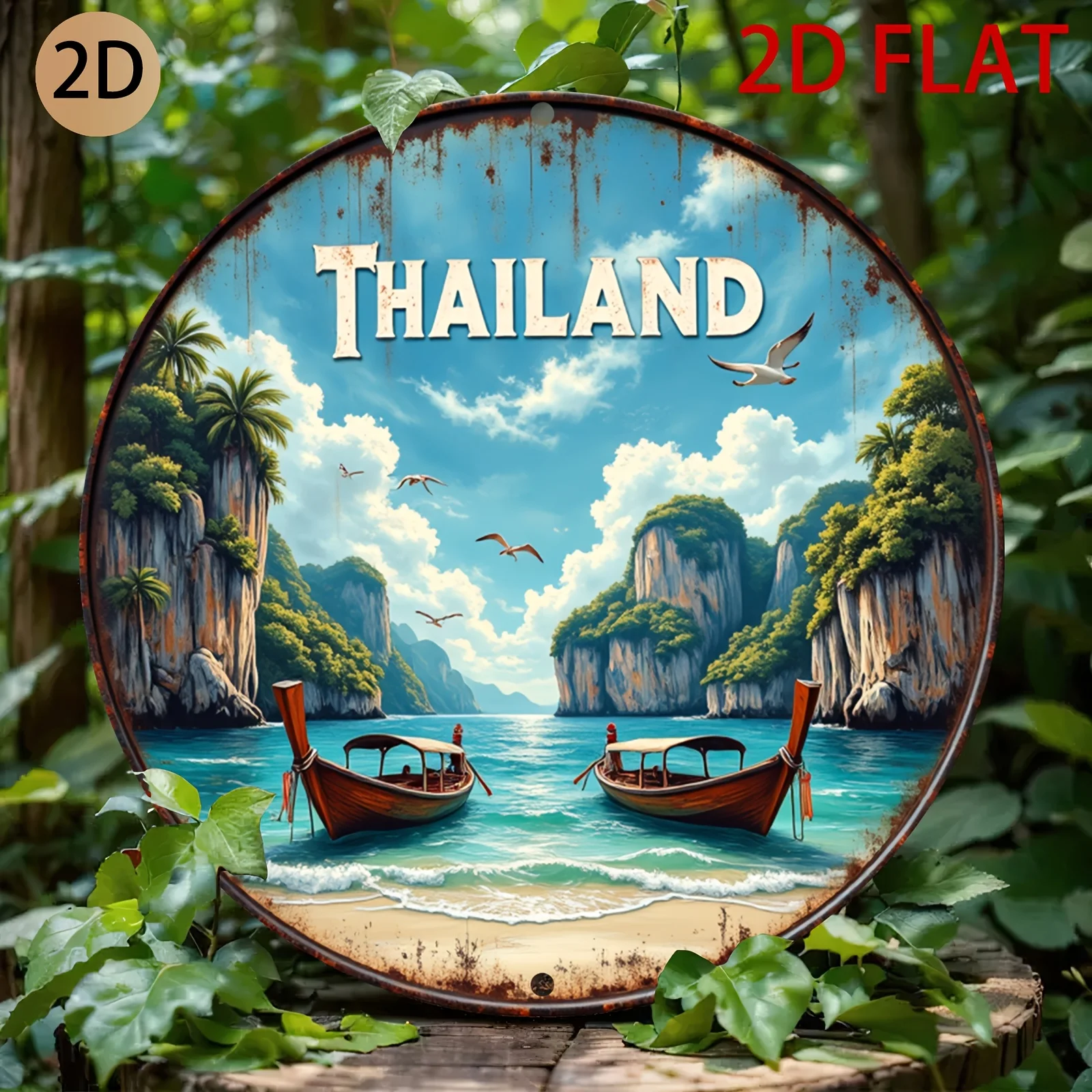 2D Flat Circular Thai-Themed Tin Sign, Metal Design, Travel Style, Suitable for Home Living Room or Travel-Themed Wall Art