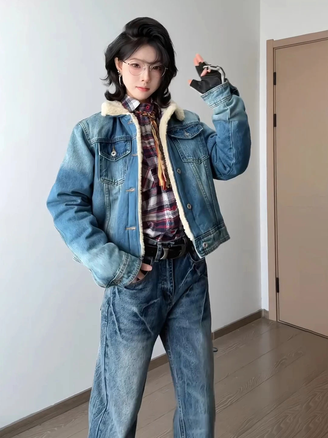 

Blue Lamb Velvet Denim Jaet Thiened Warm Cotton Coat Men Women Sle Winter Workwear ort American Sle Cotton Clothing