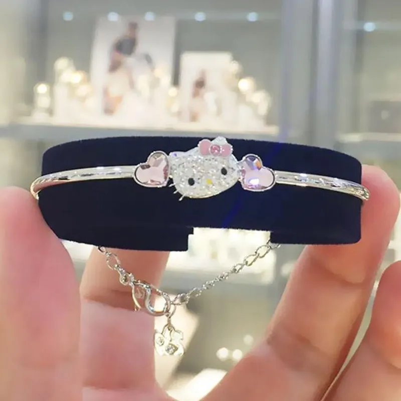 Sanrio Hello Kitty Bracelet Fashion Cartoon KT Cat Rhinestone Zircon Mosaic Silver Girl Bracelet Ornaments Jewelry Gifts