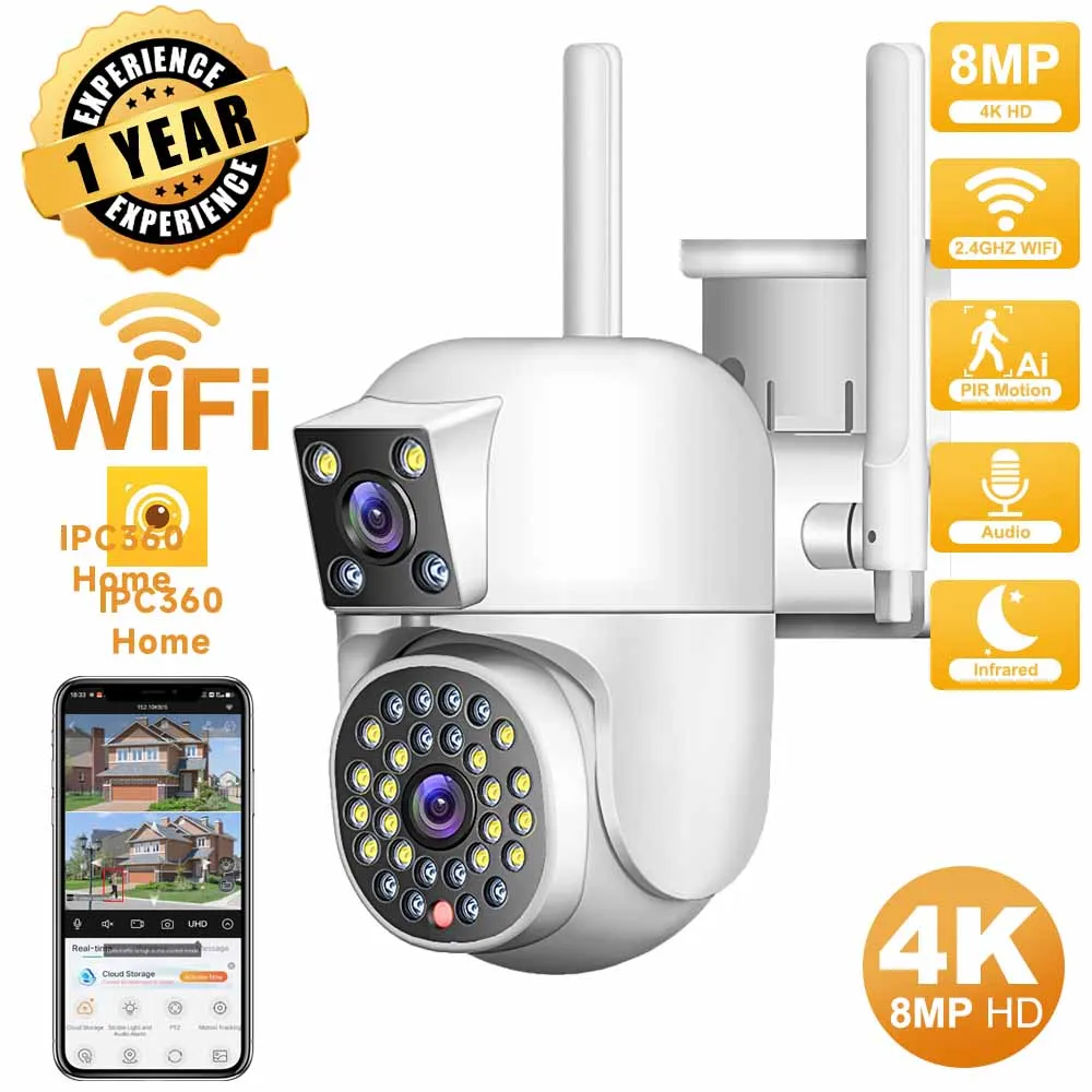 

8MP WiFi Camera PTZ Dual Screens Auto Tracking Night Vision CCTV Surveillance Camera Outdoor 4MP Security IP Camera icsee