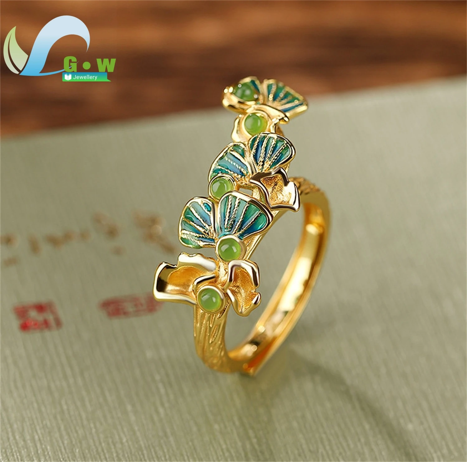 

Элегантное женское кольцо из стерлингового серебра S925 с листьями гинкго и нефритом, инкрустированное открытое регулируемое классическое кольцо, ювелирное изделие для торжественных случаев, подарок