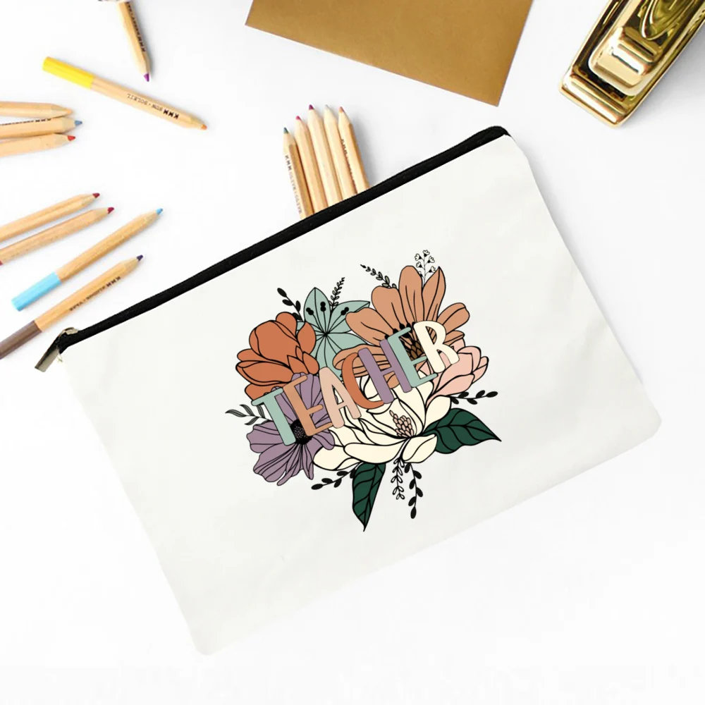 Teacher Flower Print School Stationery Supplies Storage Bags Wash Pouch Cosmetic Bags Teacher Gift Pencil Case Travel Makeup Bag