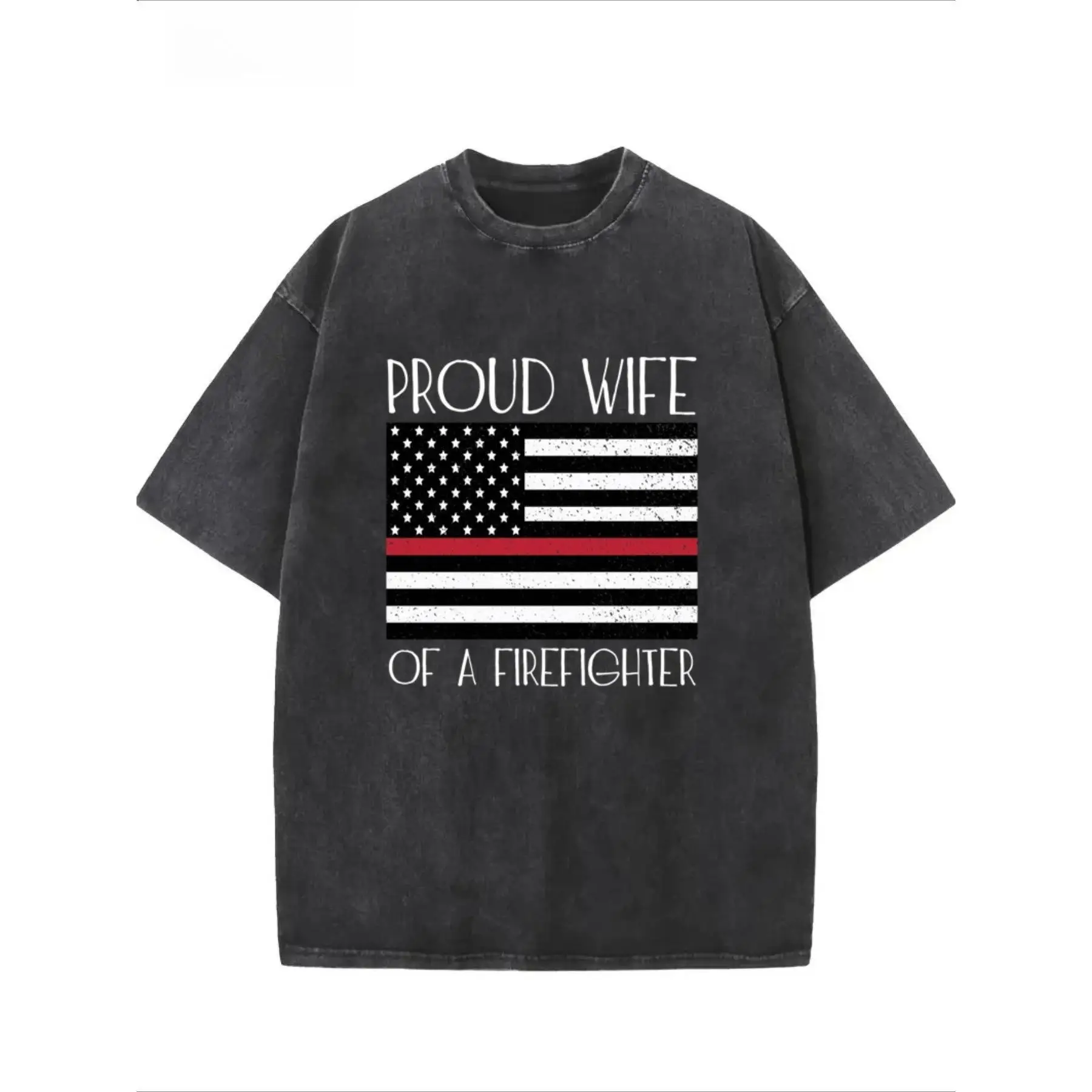 

Firefighter Wife T-Shirt "PROUD WIFE" Thin Red Line Flag Graphic Tee Unisex Washed Retro Support Cotton Top Gift