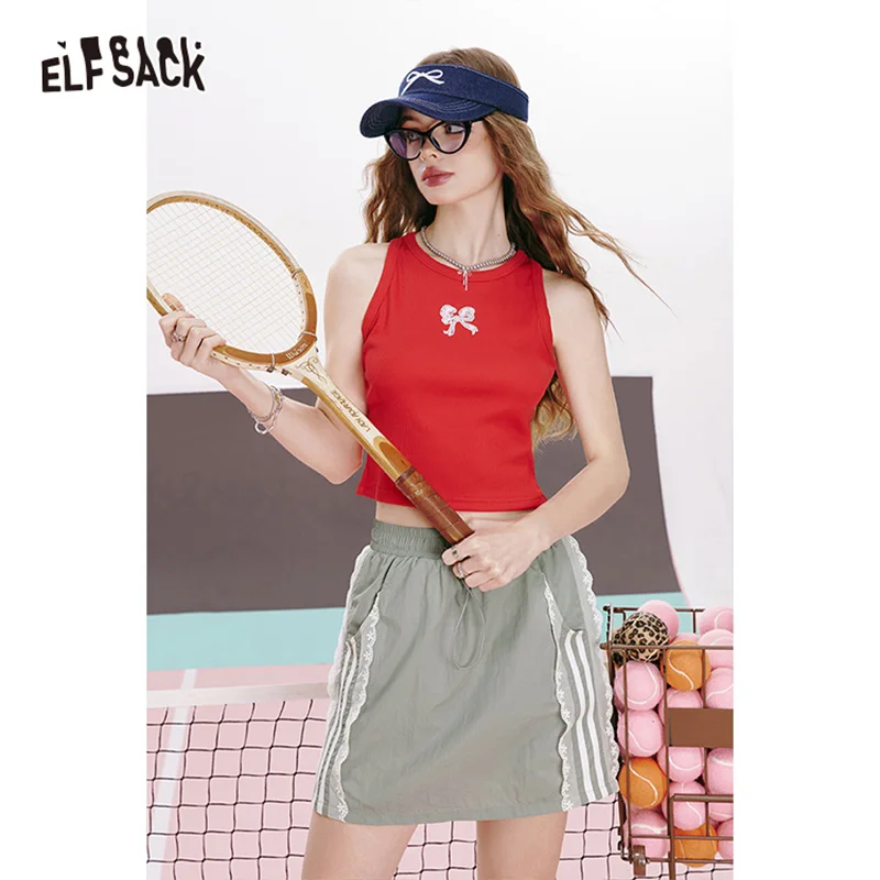 ELFSACK 2024 summer new arrival Cyan lace stitching A-line casual sports breathable workwear skirt for women