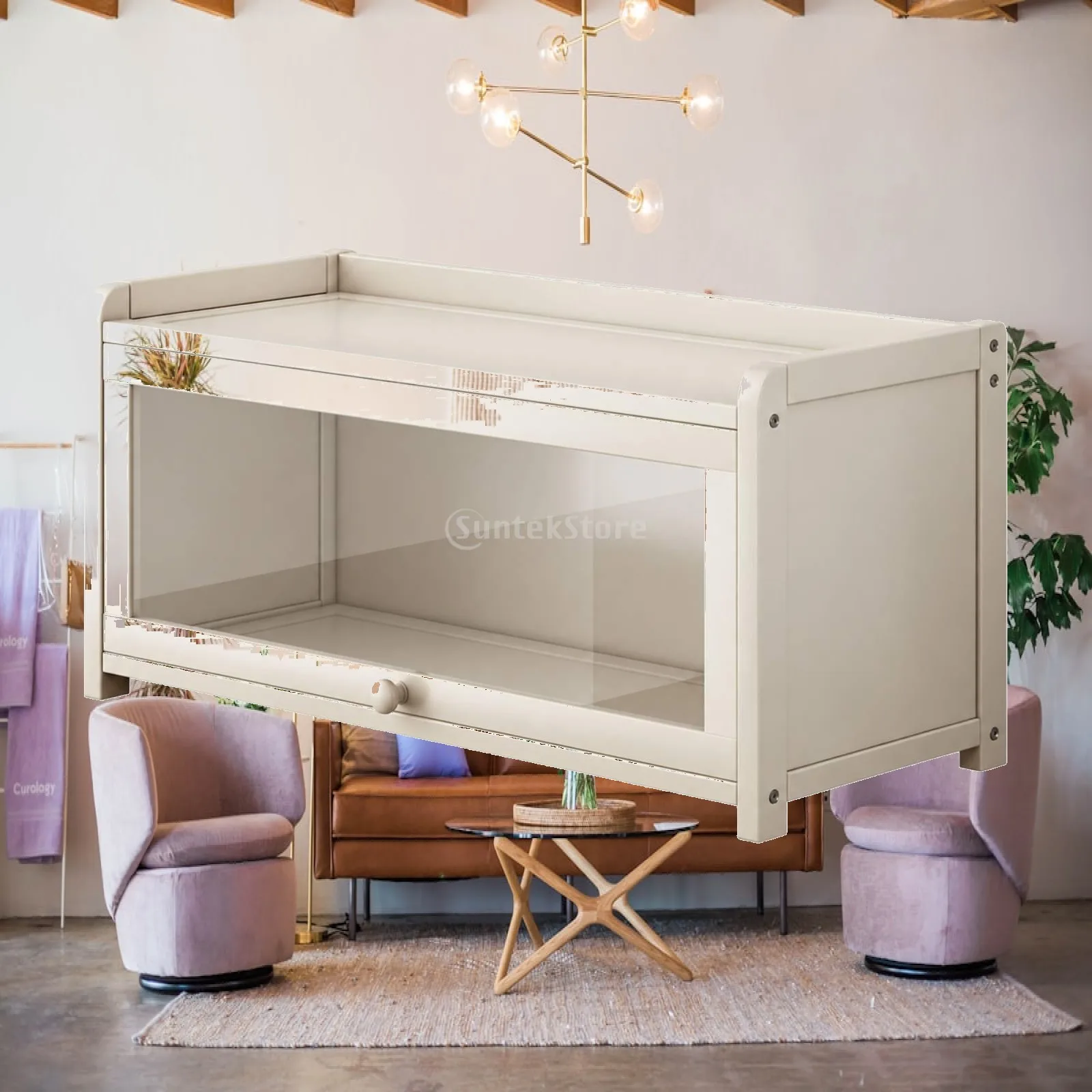 Acrylic Storage Shelf Cabinet with MDF Base for Kitchen Counter Organizer Clear Display Case with Top Tray