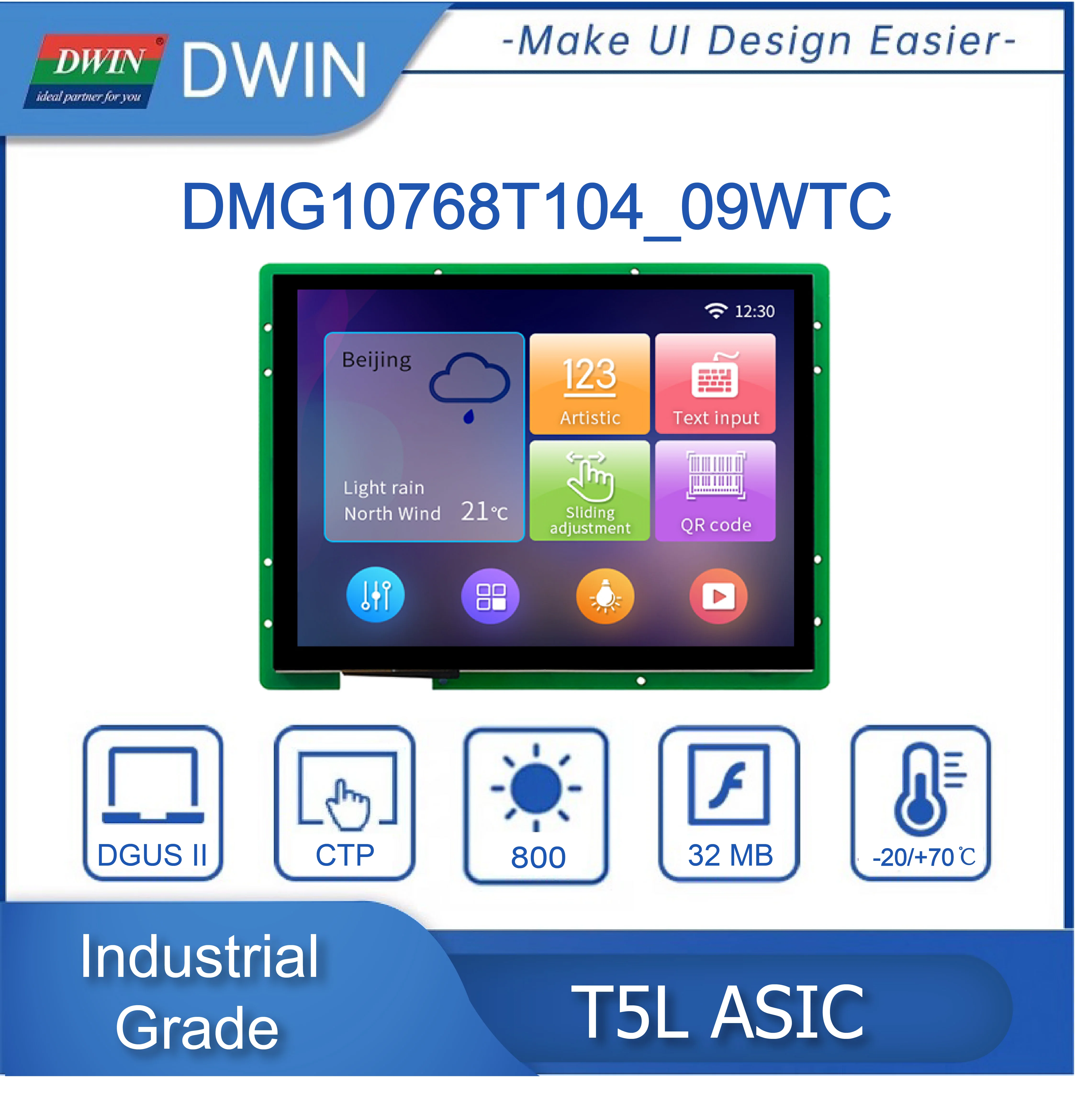 DWIN 10.4 inch 1024*768 Resolution High Brightness HMI IPS-TFT-LCD Industrial Anti-UV Module TTL/RS232 Arduino DMG10768T104_09W