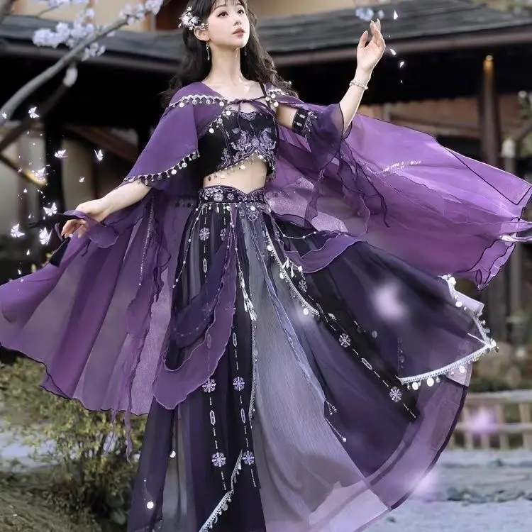

Exotic Style Dunhuang Apsaras Purple Hanfu Embroider Flowers The Western Regions Girls Miaojiang Dance Costume
