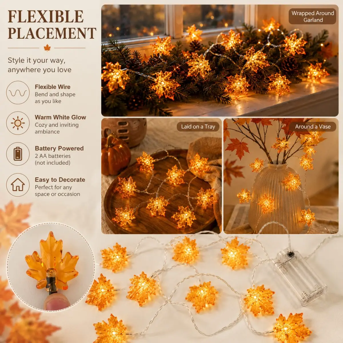 1pc 20 LED Halloween Maple Leaf LED String Light Battery Powered Fairy Lights For Home Thanksgiving Halloween Party Autumn Decor