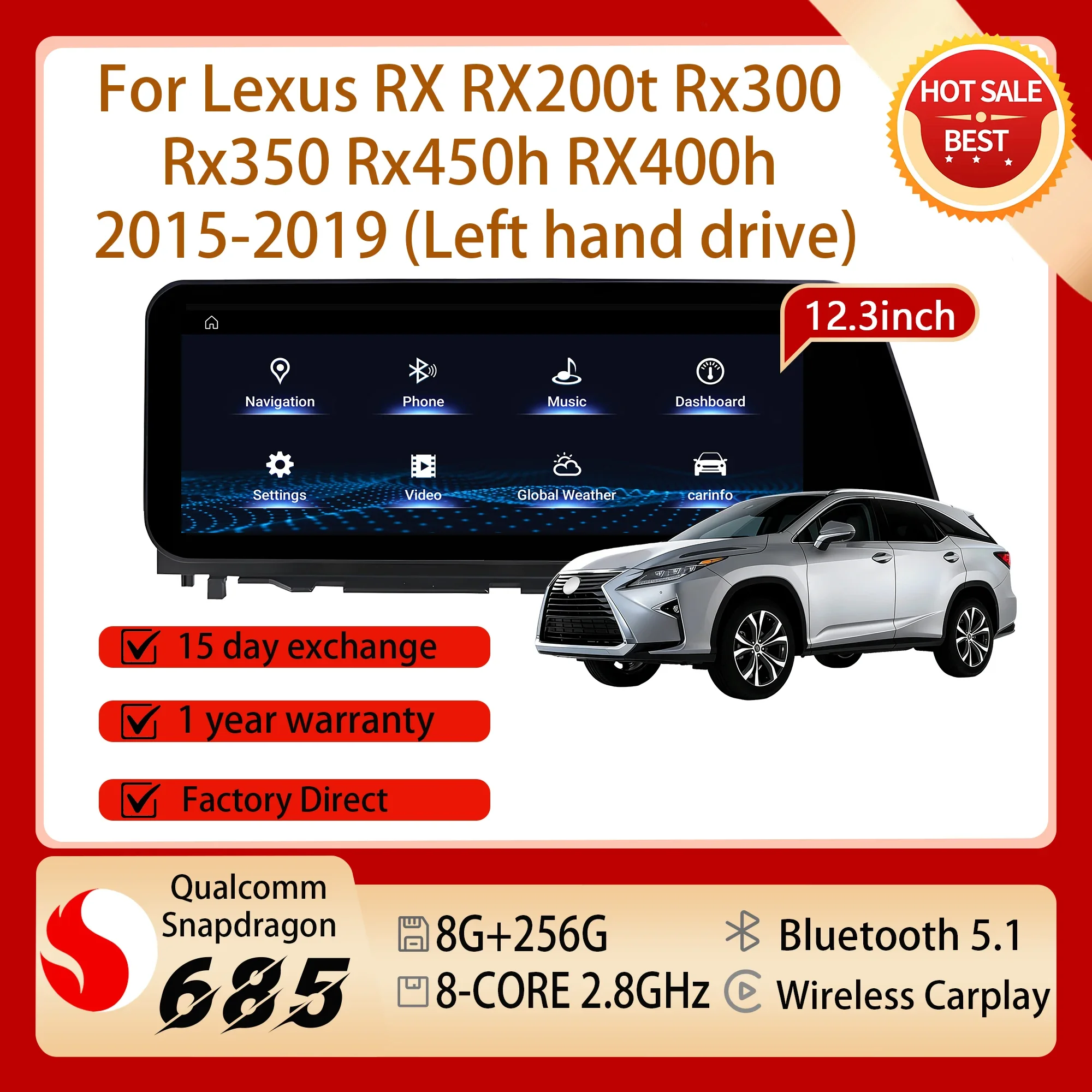 12.3 inch Android 14 Carplay GPS For Lexus RX RX200t Rx300 Rx350 Rx450h RX400h 2015-2019 Car Radio Snapdragon 685 Touch Screen