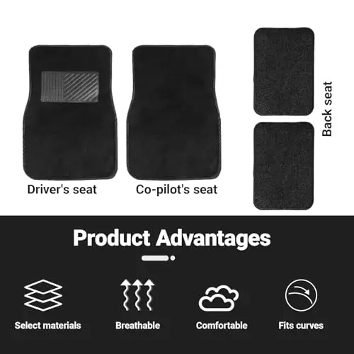 

Black 4-Piece All-Weather Carpet Floor Mats With Heel Pad, Non-Slip PVC Trim, Custom Fit For SUVs, , Sedans And Trucks