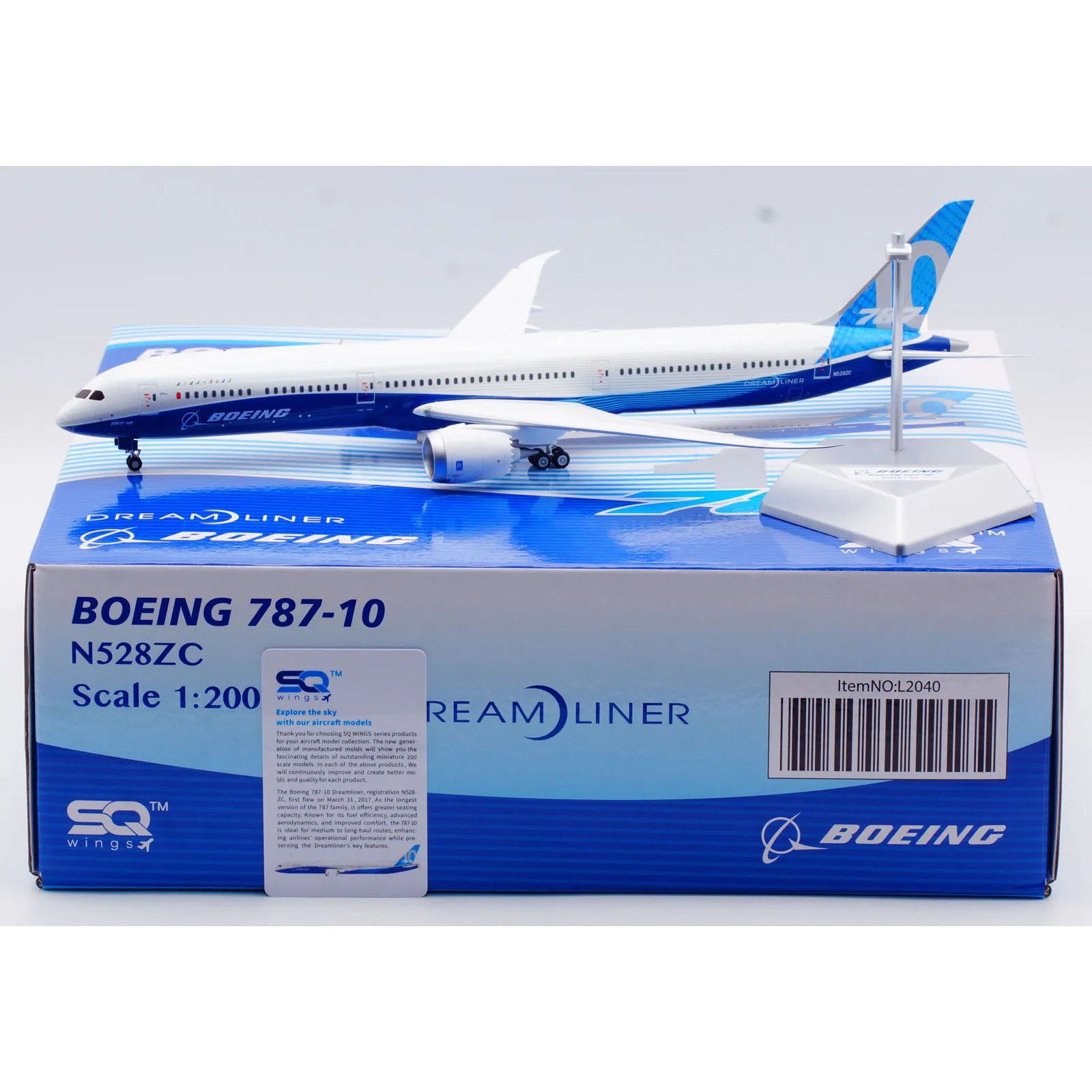 

L2040 Alloy Collectible Plane Gift SQ Wings 1:200 Boeing [House Color] "Dreamliner" B787-10 Diecast Aircraft Jet Model N528ZC