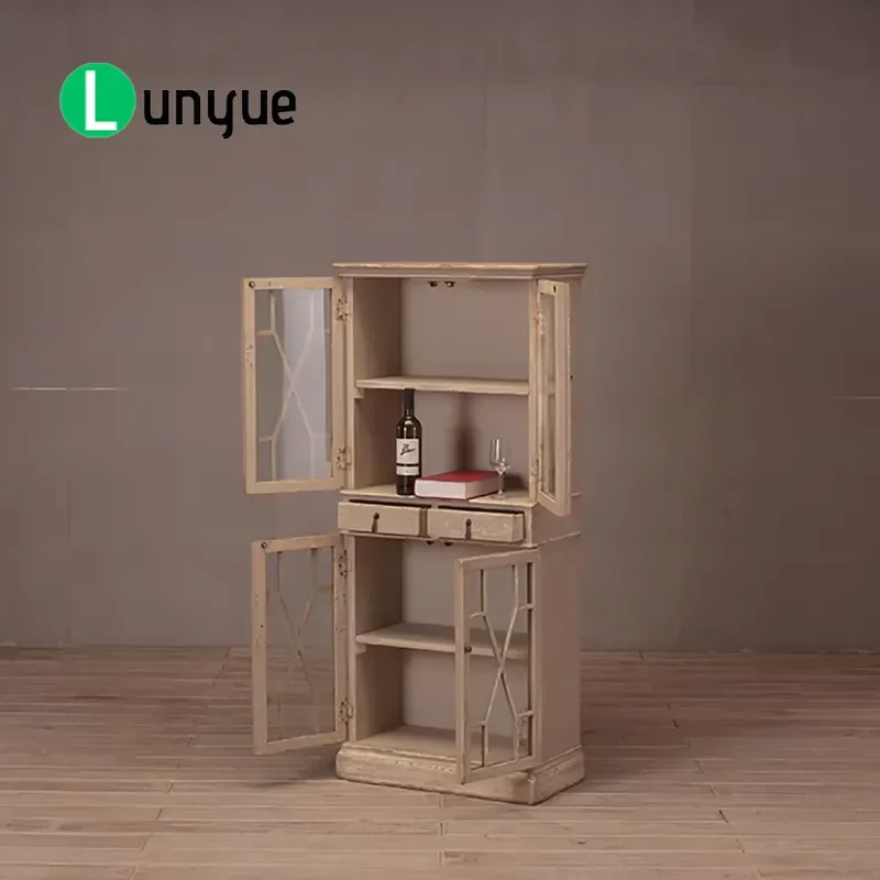 Tall Rustic Wooden Bookshelf with Tempered Glass Door Retro Pattern Adjustable Shelves Eco Friendly Durable Storage Rack for