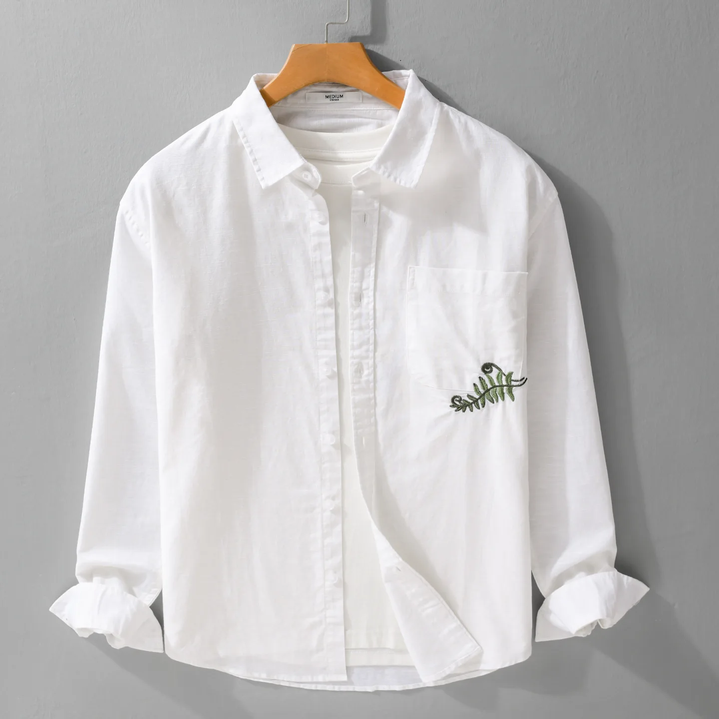 

Chinese Style Leaf Embroidery Shirt Men Spring Summer New Long Sleeve Cotton Linen Shirts Man Causal Pocket Shirt Breathable Top
