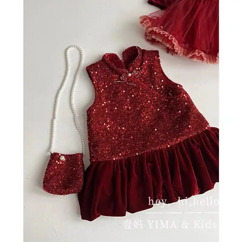 

Children's Sparkling Velvet Dress Cheongsam Christmas Dress Girls' Red Dress Autumn/Winter
