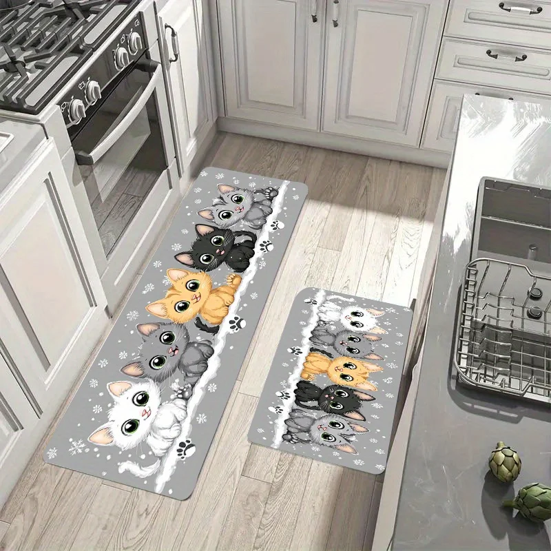 Cute Cartoon Kitten Print Long Runner Rug Non Skid Decorative Floor Carpet for Household Indoor Cooking and Hallway Ornament