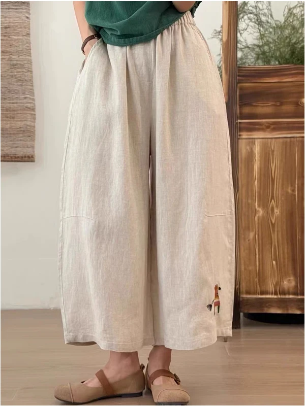 

Ретро-брюки с вышивкой, повседневные, свободного кроя, с широкими штанинами, на эластичной талии, из хлопка и льна, весна-лето, женские, больших размеров.