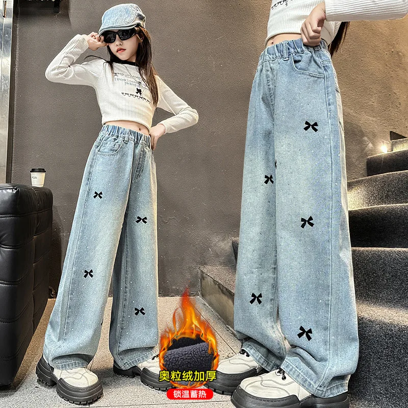 

Child Winter Warm Fleece Lined Jeans with Bow Rhinestone for Girls Straight Insulated Denim Pants Kids Thick Thermal Trousers