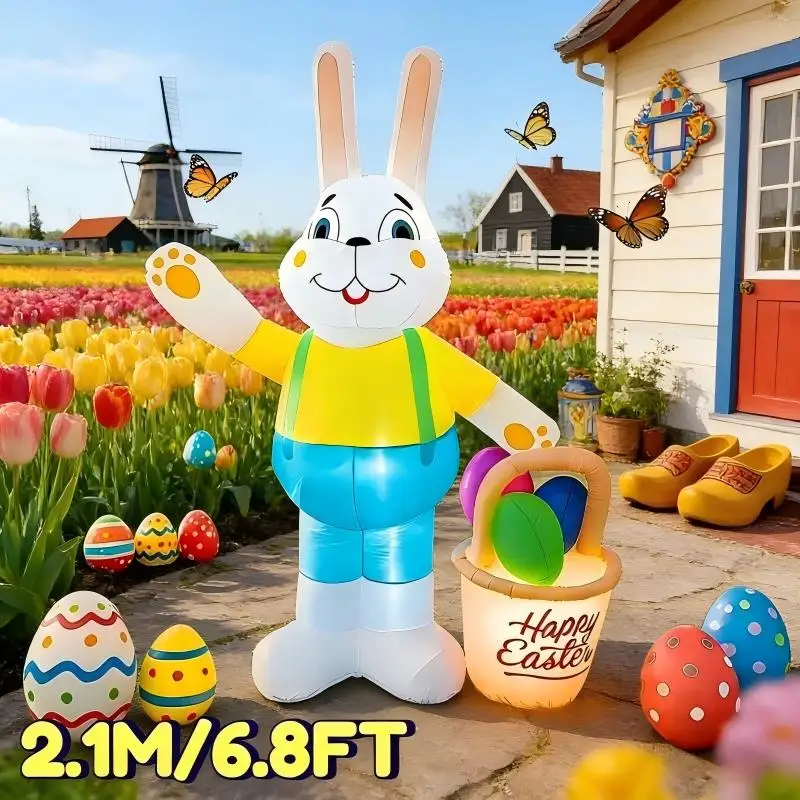 

Надувной гигантский кролик 2,1 м/7 футов для пасхального декора, с корзиной, со встроенными светодиодными огнями, для использования в помещении и на улице, реквизит для двора, украшение