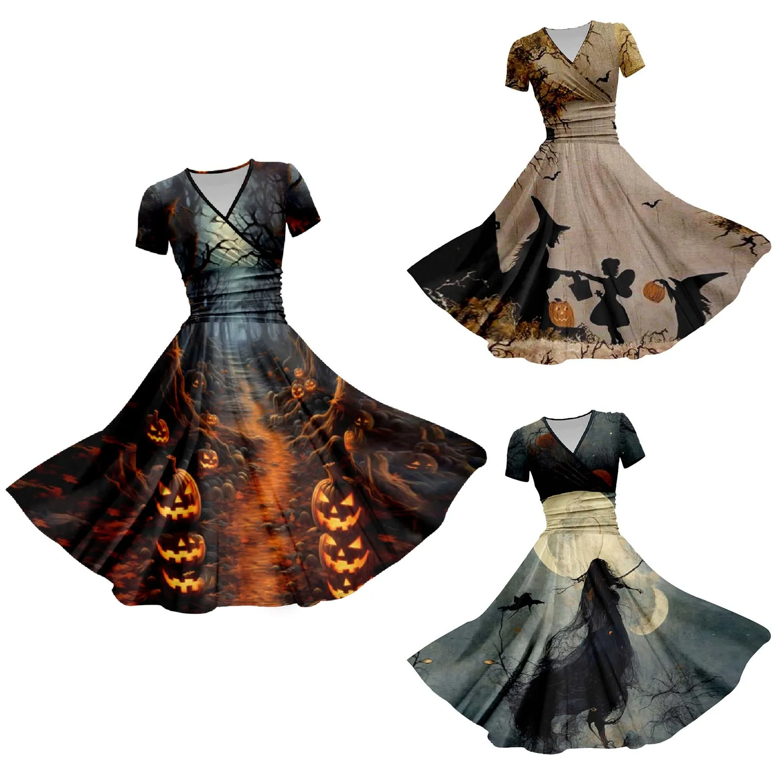 Halloween Costumes For Women Bloody Pumpkin And Witch Print Dress 2024 Fall V Neck Short Sleeve Dresses Smock Flowy Maxi Dresses