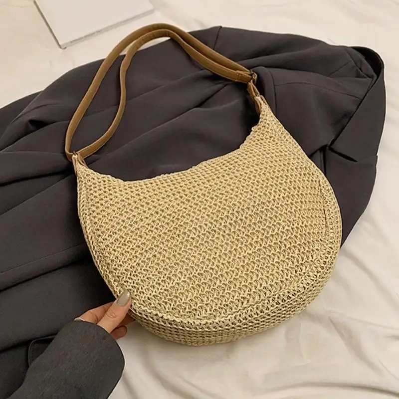 

X5XA Women Straw Handbag Handmade Beach Bag Shoulder Bag Daily Bag Crossbody Bag