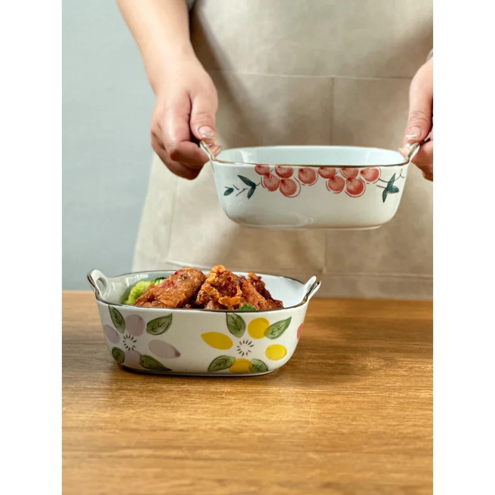 Japanese Style Ceramic Bowl Hand-Painted Plants Double-Eared Household Food Container Vegetables Salad Fried Chicken Bowls