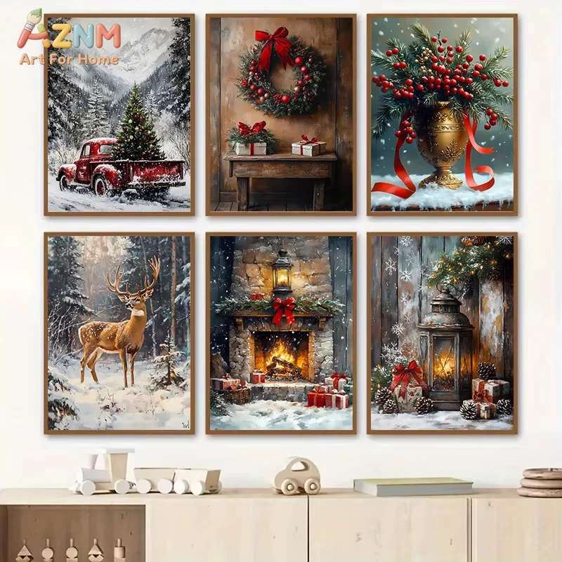 AZNM Vintage Christmas Canvas Wall Art Winter Deer Fireplace Red Truck Print for Rustic Holiday Decor