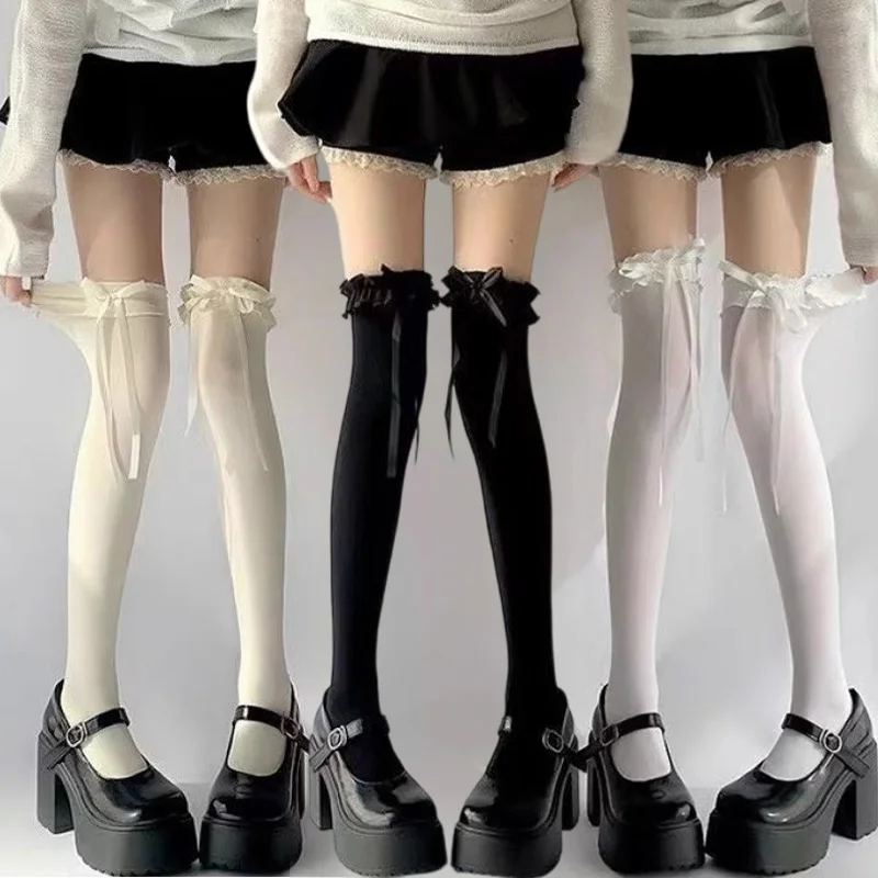 1/2/3 pares japonés Lolita Jk hasta la rodilla calcetín largo negro blanco lazo cinta medias Sexy encaje muslo calcetines altos dulce lindo medias