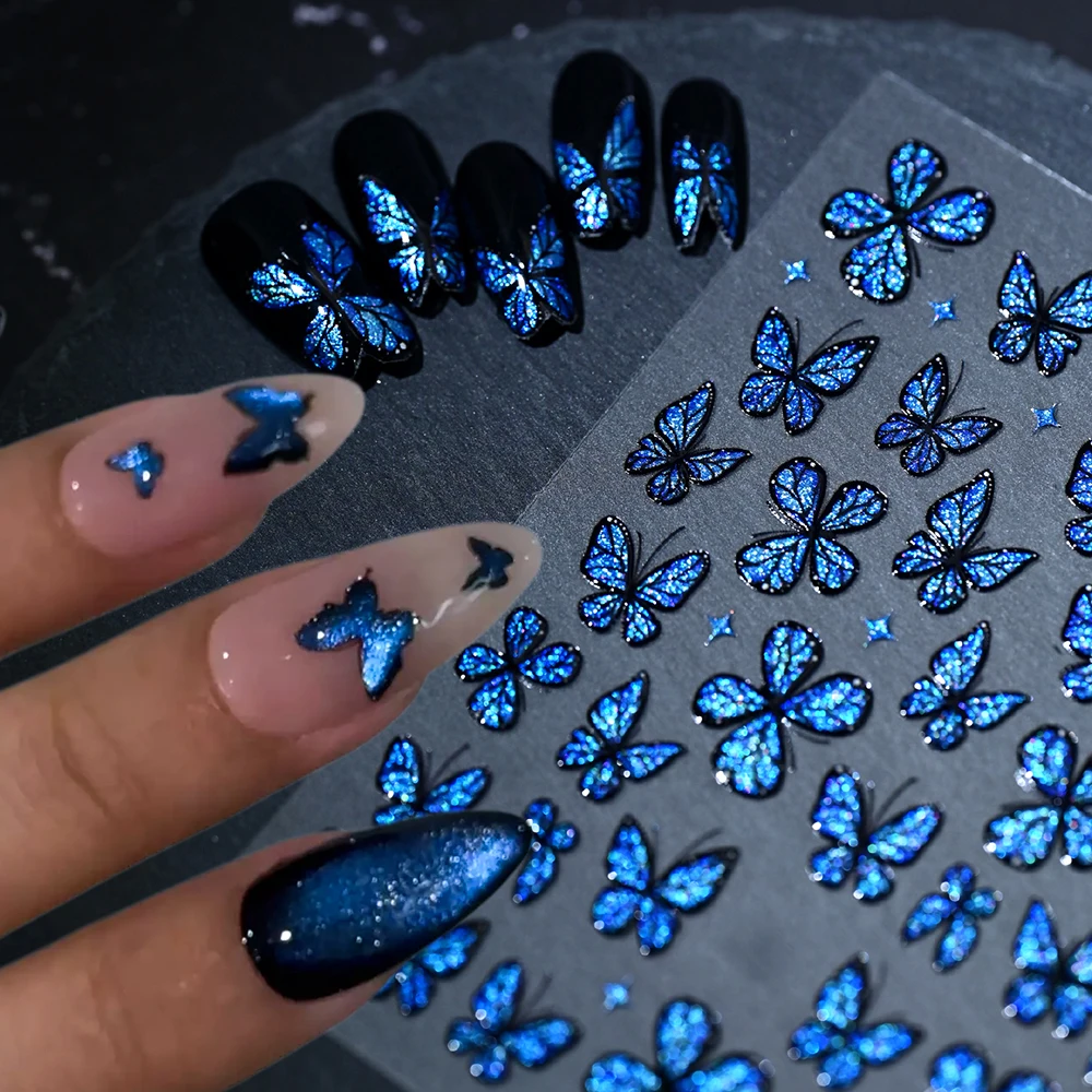 1Pcs Sparkly Blue Butterfly Nail Stickers 5D Glitter Cat's Eye Effect Nail Decals Decorations Dark Aesthetic Nail Art Supplies