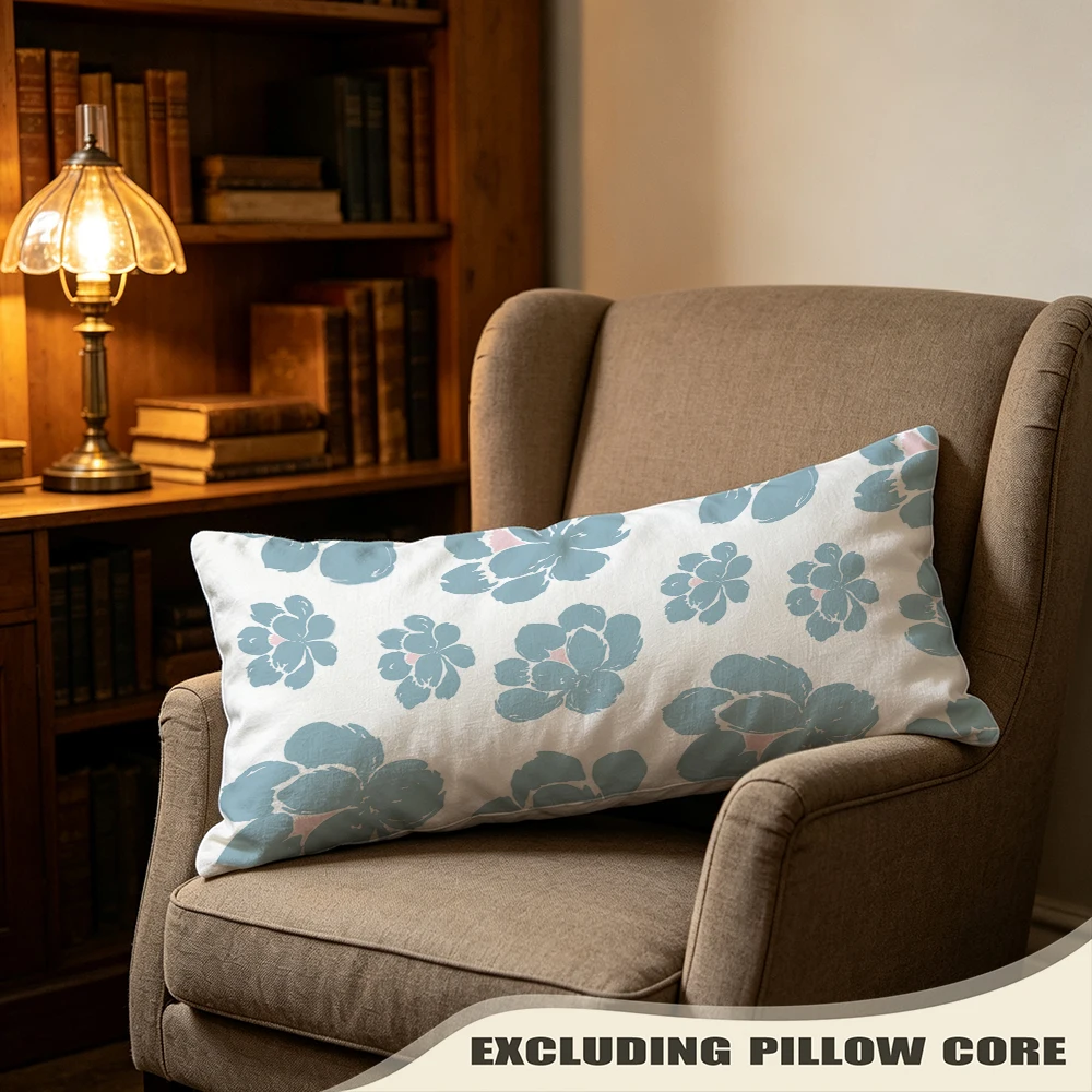 Blue White Cornflower Bloom Print Long Pillow Cover, Meadow Style, Family Room Decorative, Polyester, Room Decor, Convenient