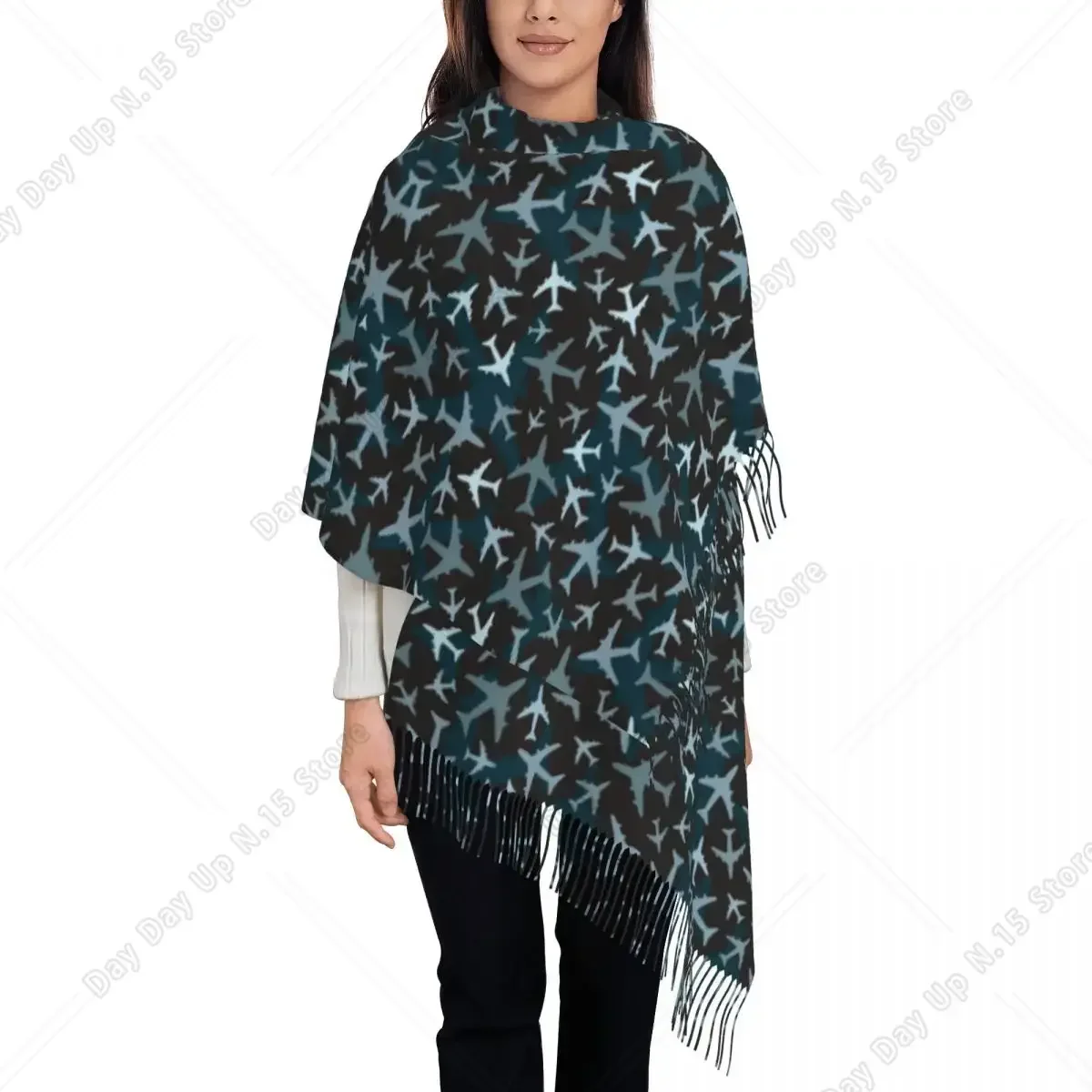 Custom Stylish Airplane Camouflage Tassel Scarf Women Winter Warm Shawl Wrap Female Aviation Plane Aviator Pilot Scarves