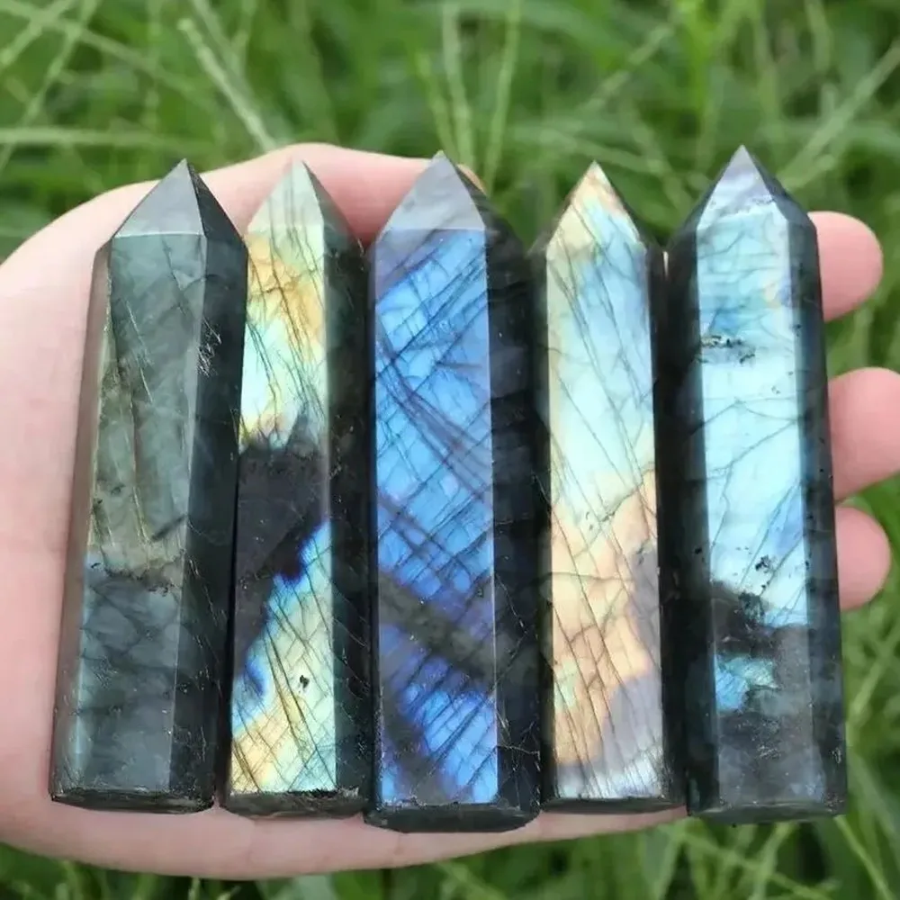 Natural Blue Moonstone Labradorite Obelisk Point Wand, Polished Gemstone Crystal Tower for Meditation, Reiki Healing