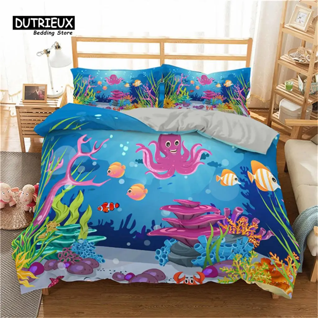 

Cartoon Fish Dolphin Turtle Ocean Toddler Bedding Set For Kids Marine Themed Duvet Cover Microfiber Sea Creatures Quilt Cover