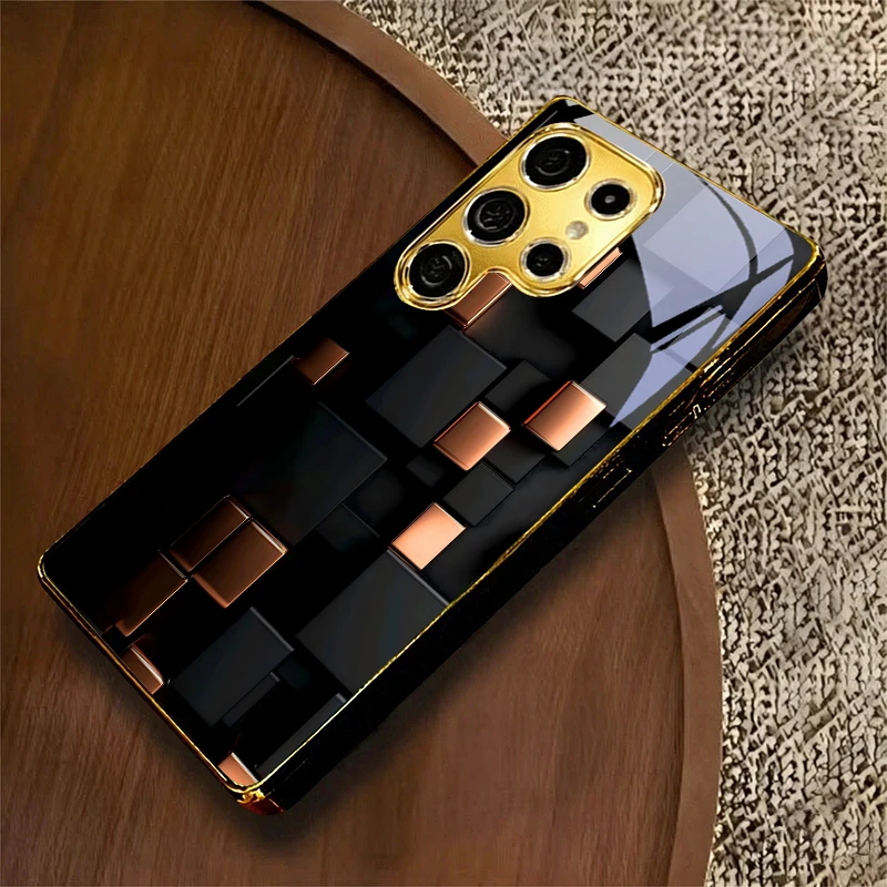 Bronze Geometric Electroplated Golden Phone Case For Samsung A12 A22 A32 A42 A52 A72 A13 A36 A56 07 A17 A37 57 Glass Back Cover