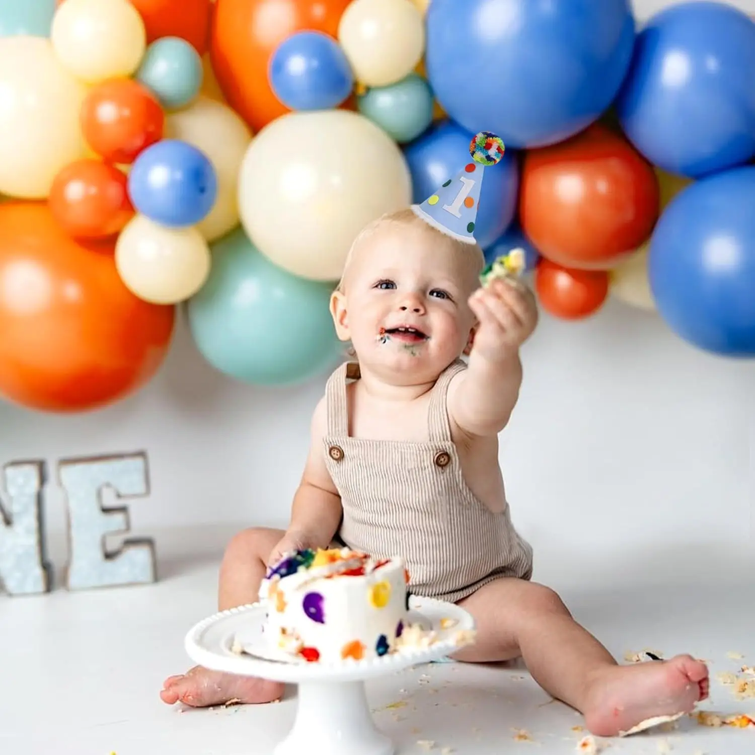 Rainbow Polka Dot High Chair Banner & Hat , One First Birthday Decorations,1st Birthday Hat,Colorful Party Decor Photo Props view 3