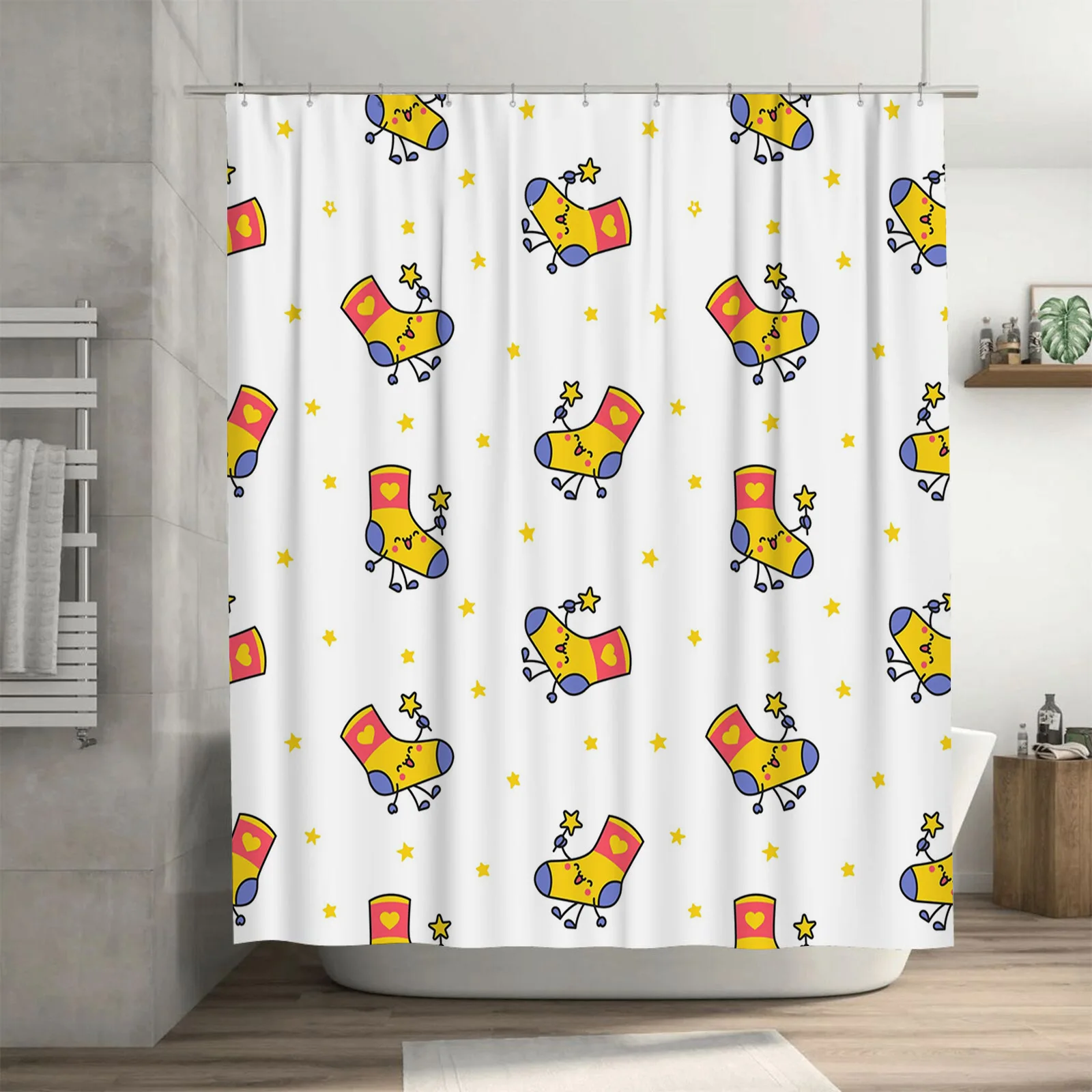 Cheerful Cartoon Socks Shower Curtain for Kids Bathrooms Decor White Background with Yellow Stars Perfect Gift for Children's Ro