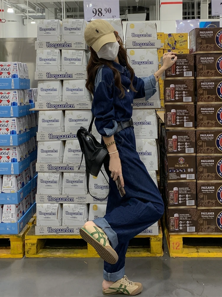 Lusam Tuta di jeans a gamba larga a vita alta da donna Primavera Autunno Nuovo Sle Hong Kong Sle Abito intero dimagrante fino al pavimento