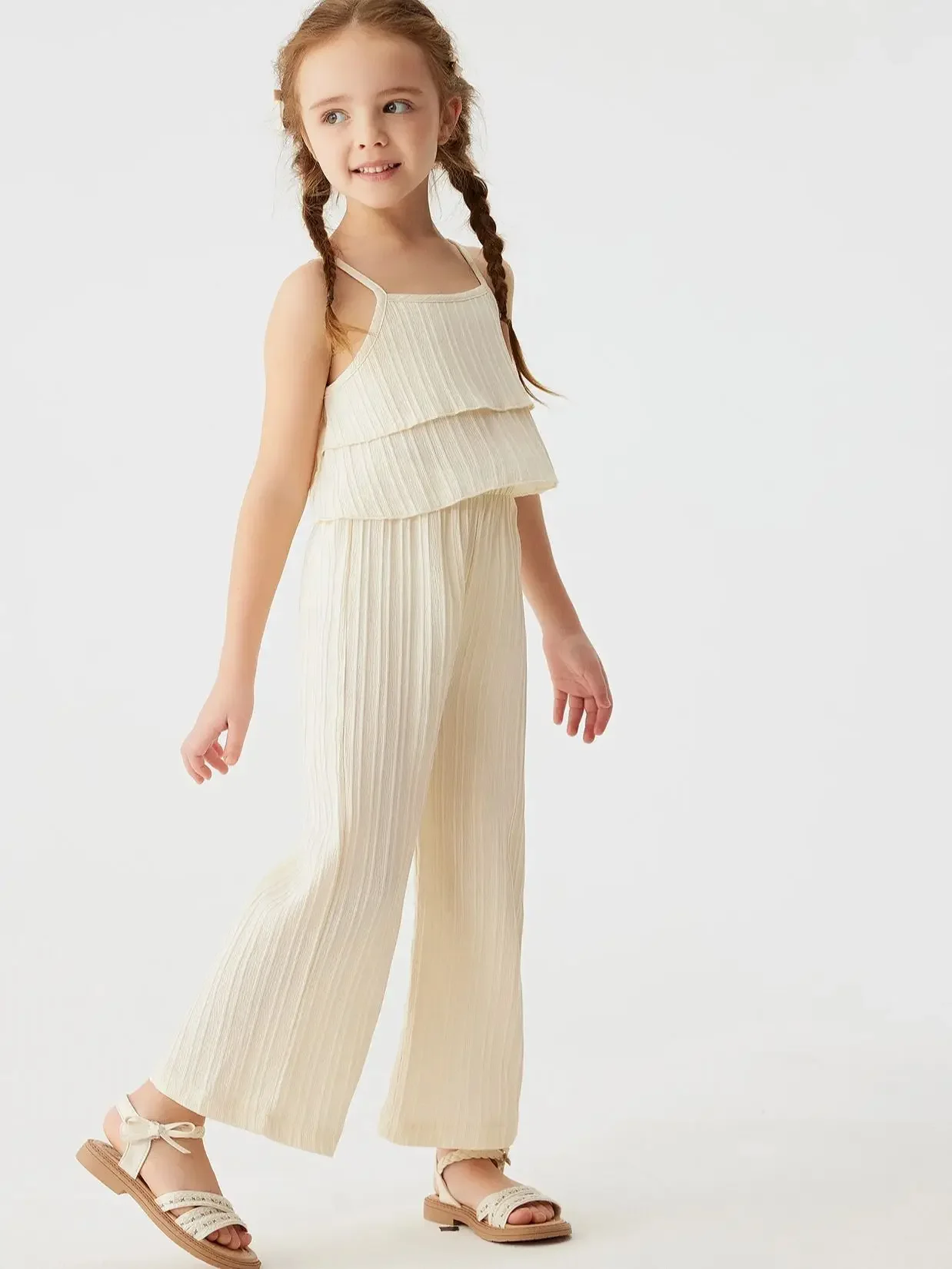 2024 New Girls Halter Set Summer Wear Ruffled Halter + Wide Leg Pants 2pcs Pure Color Elegant Leisure Suit