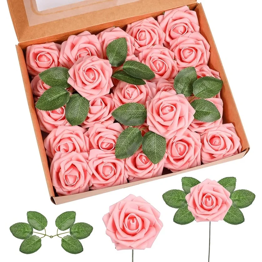25Pcs Rose Artificial Flowers 8CM Foam Fake Flower With Stem for Wedding Bride Bouquet Decoration Home Decor Vase Accessories