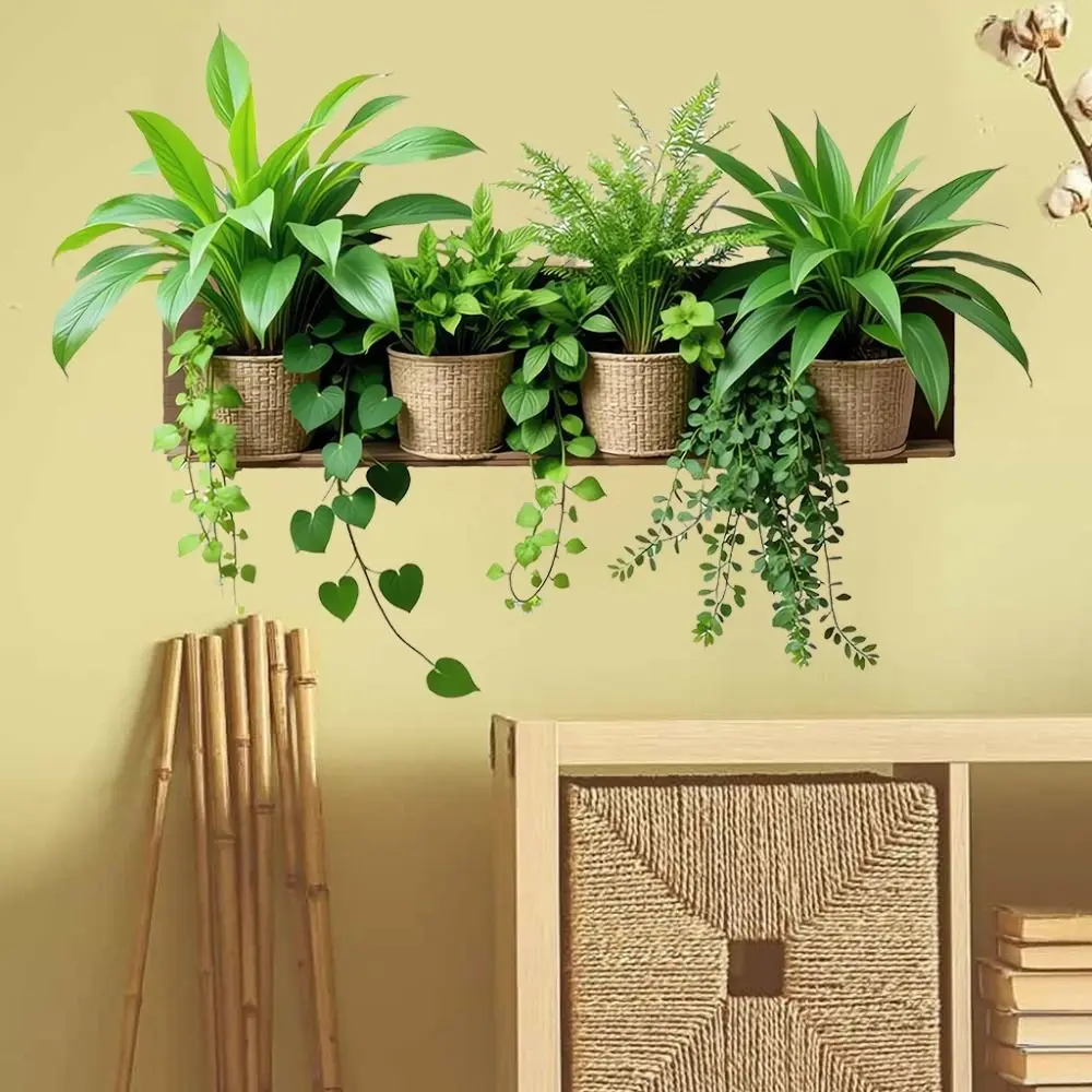 Self Adhesive Green Plant Wall Sticker Potted Plant Pattern Realistic Style Decorative Wall Sticker Peel and Stick
