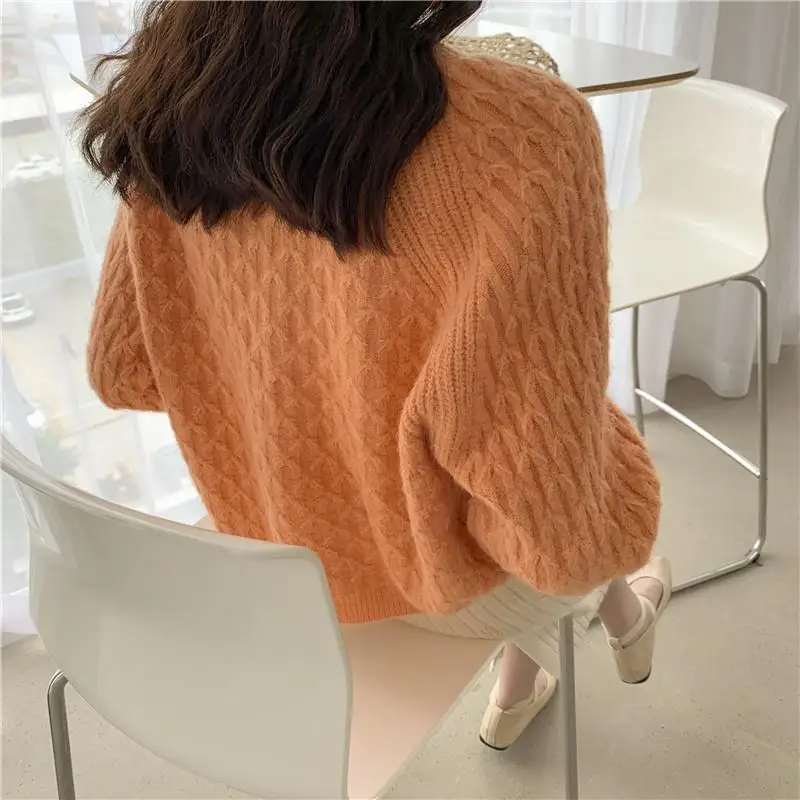 Women's Clothing Round Neck Knitted Jumpers Casual Loose Autumn Winter Colour Solid Color Korean All-match Long Sleeve Sweaters
