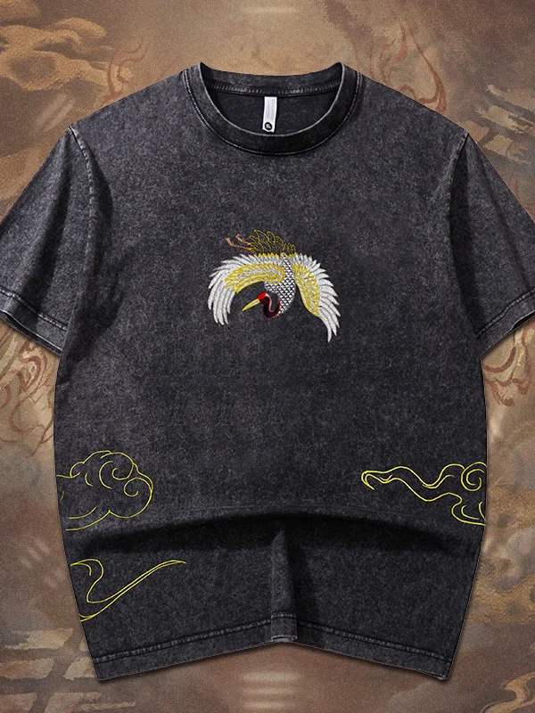 

Мужская модная футболка с коротким рукавом в стиле ретро, с вышивкой крана, свободного кроя, из чистого хлопка, с эффектом потертости, для тяжелой промышленности