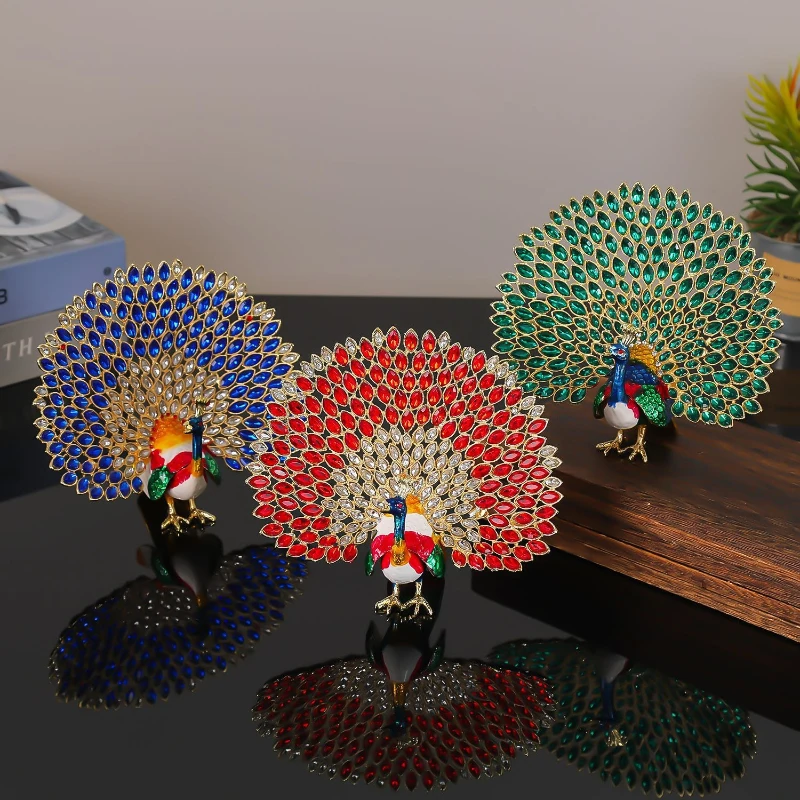 Enameled Rhinestone Peacock Trinket Box Open‑Tail Peacock Figurine Jewelry Storage Box Desktop Ornament for Home Wine Decor