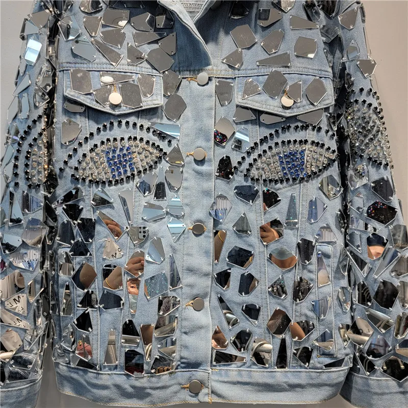 Autumn and Winter New Heavy Industry Sequins Handmade Diamond-encrusted Fashion Jacket Women Loose Retro Denim Jacket