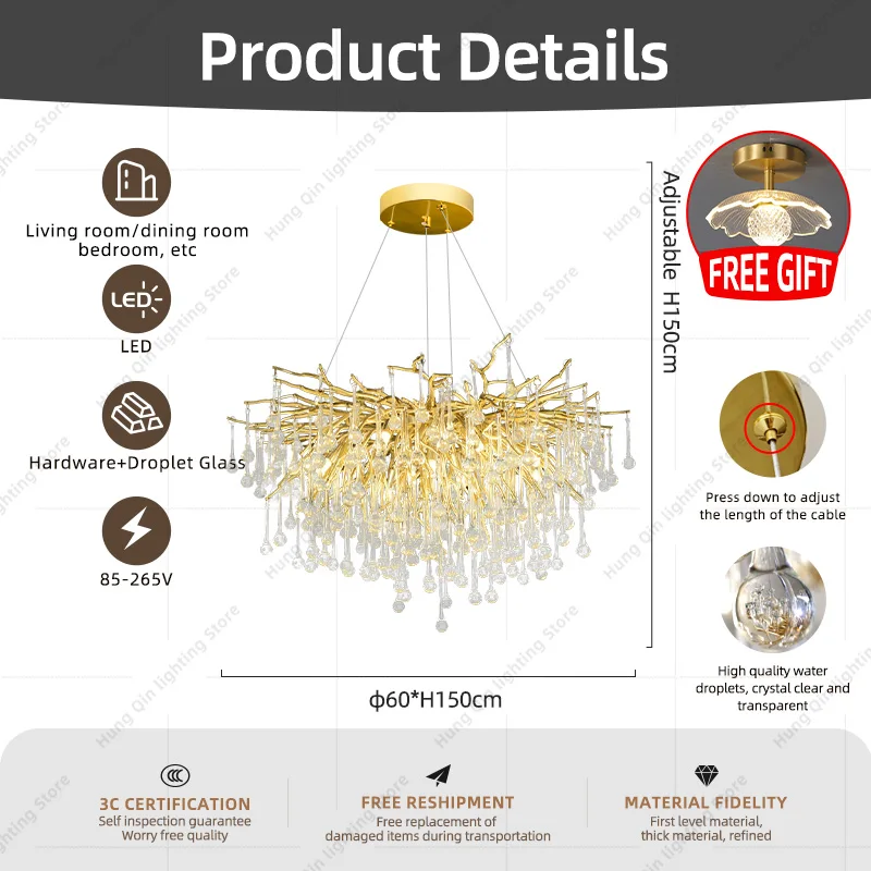 Hanging Chandelier for Living Room Dining Room LED Chandelier Hanging Ceiling Pendant Light Luxury Led K9 Crystal Pendant Light